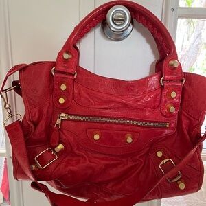 Balenciaga Red City Bag with giant 21 gold hardware